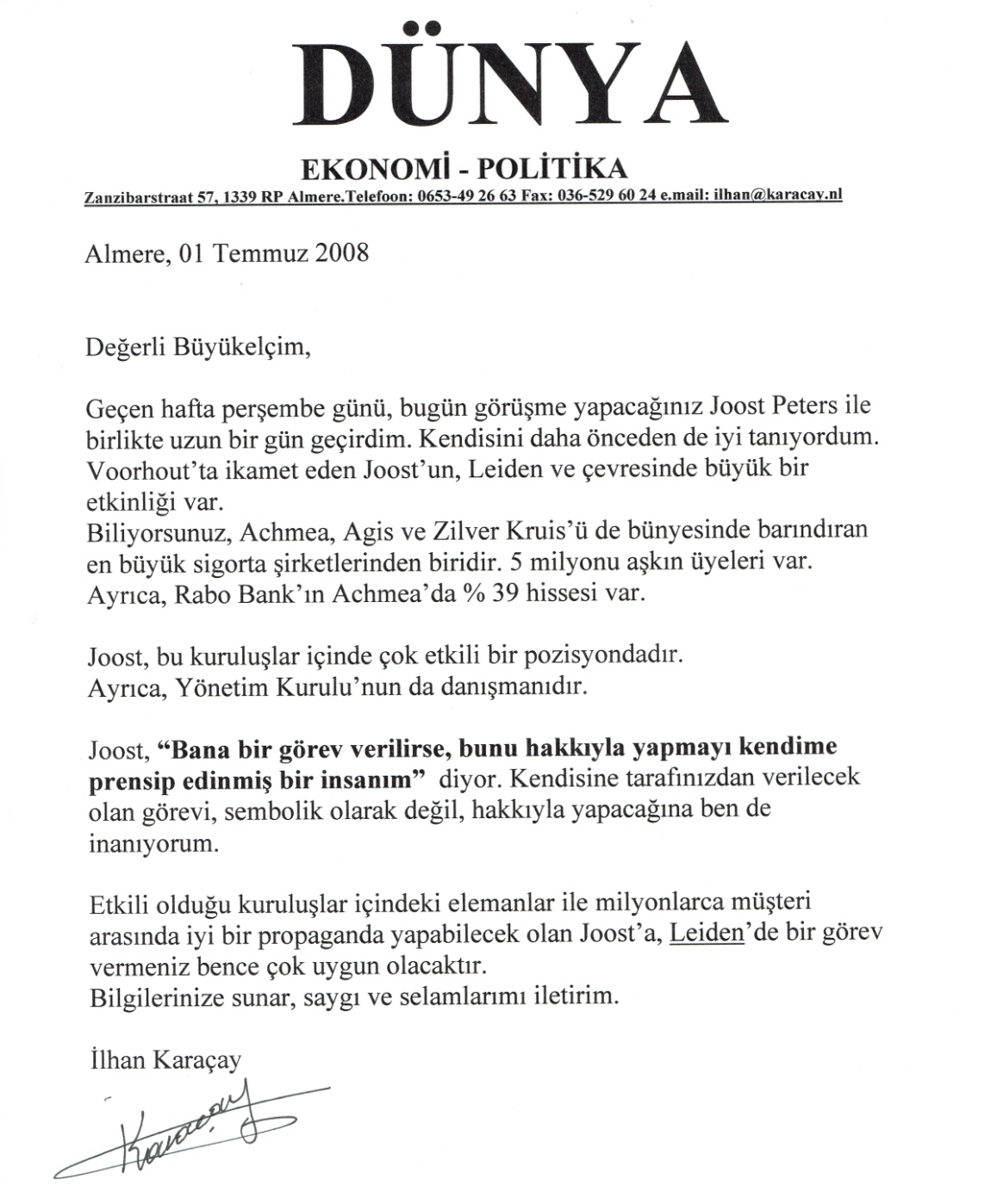 Joost Peters icin mektup