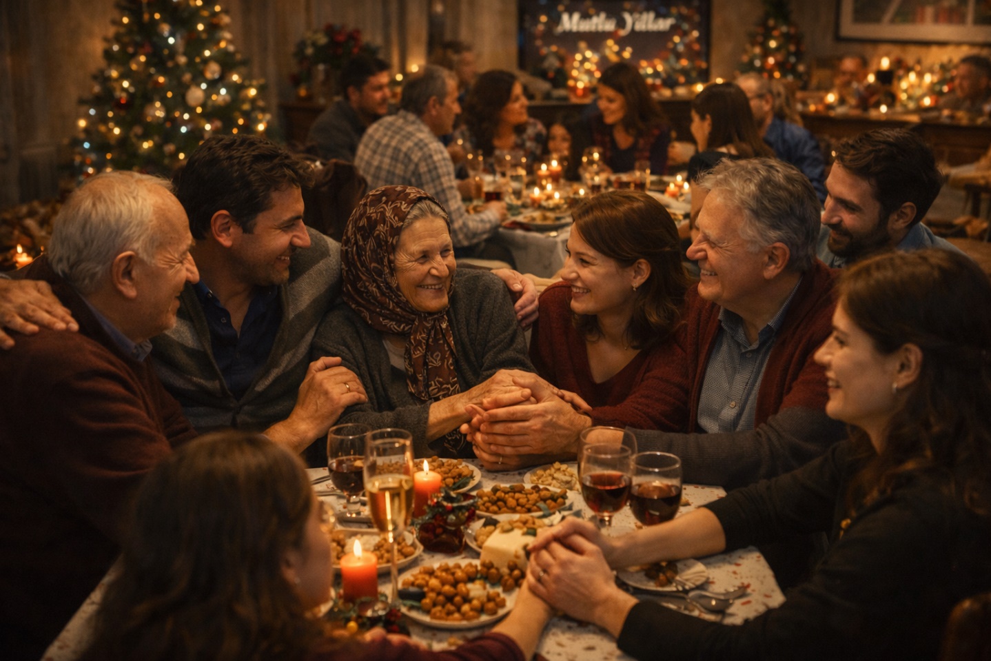 Afbeelding met persoon, Menselijk gezicht, kleding, kerstboom Door AI gegenereerde inhoud is mogelijk onjuist.