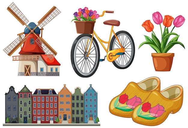 Nederlandse Iconen Collectie met Molen Fiets Tulpen en Klompen | Gratis Vector